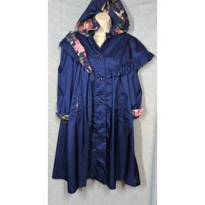 VTG Rothschild Hooded Coat Jacket 14 Cobalt Blue Cabbage Rose Feminine Prairie